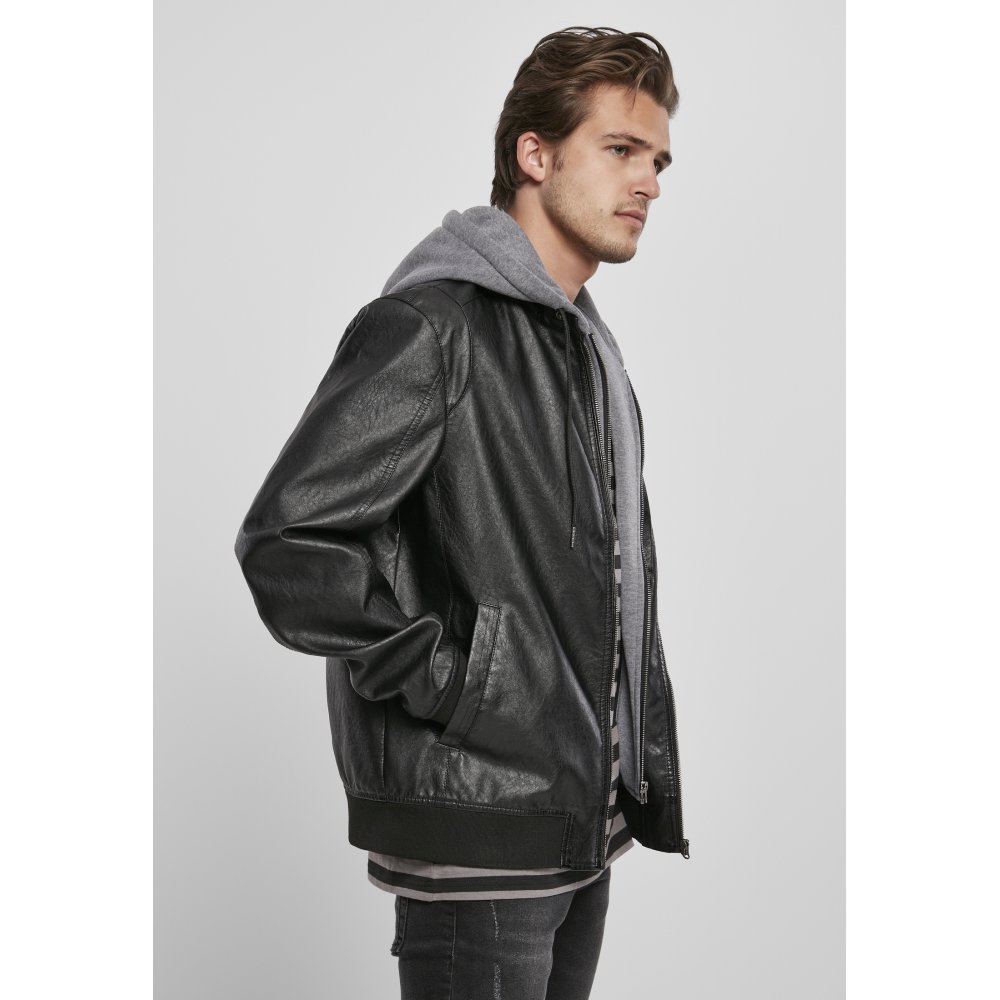 Urban Classics Urban Classics Lederjacke Fleece Hooded Fake Schwarz/Gra